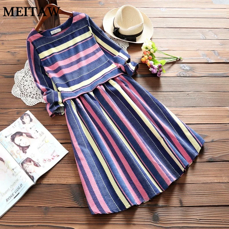 2019 весеннее осеннее женское платье в полоску повседневное винтажное с круглым