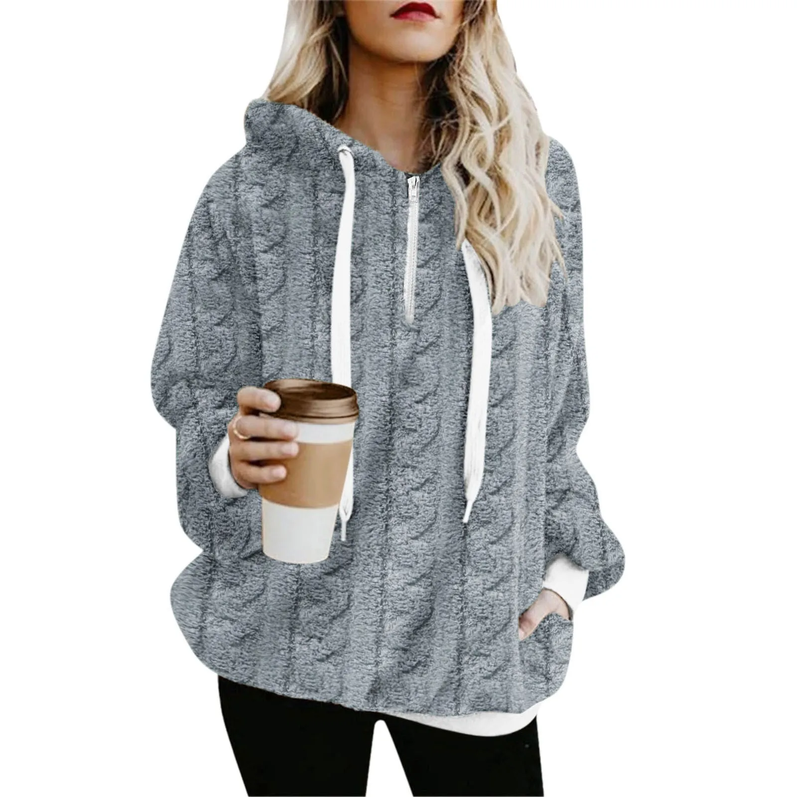 

2021 Hot Sale Hoodies Women Wool Solid Print Hooded Sweatshirt Winter Warm Jackets Zipper Pockets Coat Long Sleeve Outwear