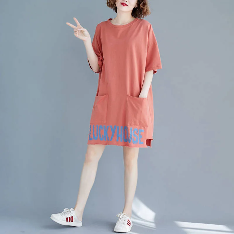 

New Trendy Plus Size Dress Women'S Summer Students Korean Style Loose Spring And Autumn Mid-Length