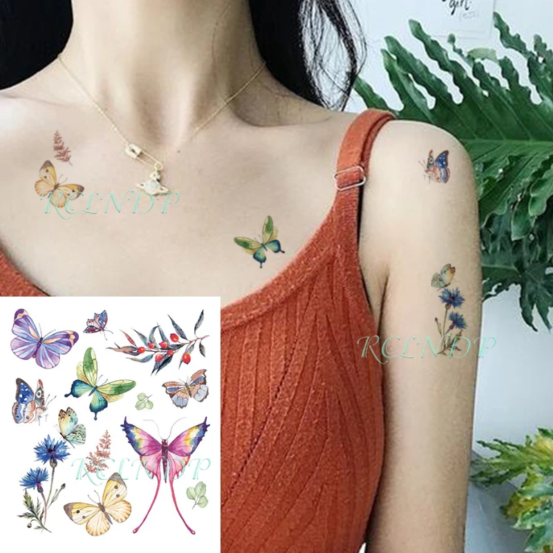 Водонепроницаемая Временная тату-наклейка цветные бабочки фруктовые цветы