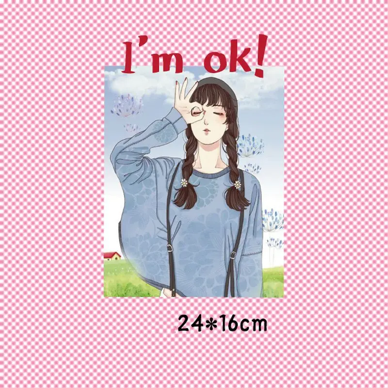 

24x16cm Fashion OK Girl Iron on Patches For DIY Heat Transfer Clothes T-shirt Thermal transfer stickers Decoration Printing