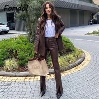 foridol faux leather brown blazer long pants suits slit pu pants three pieces matching set winter streetwear blazer jacket coat