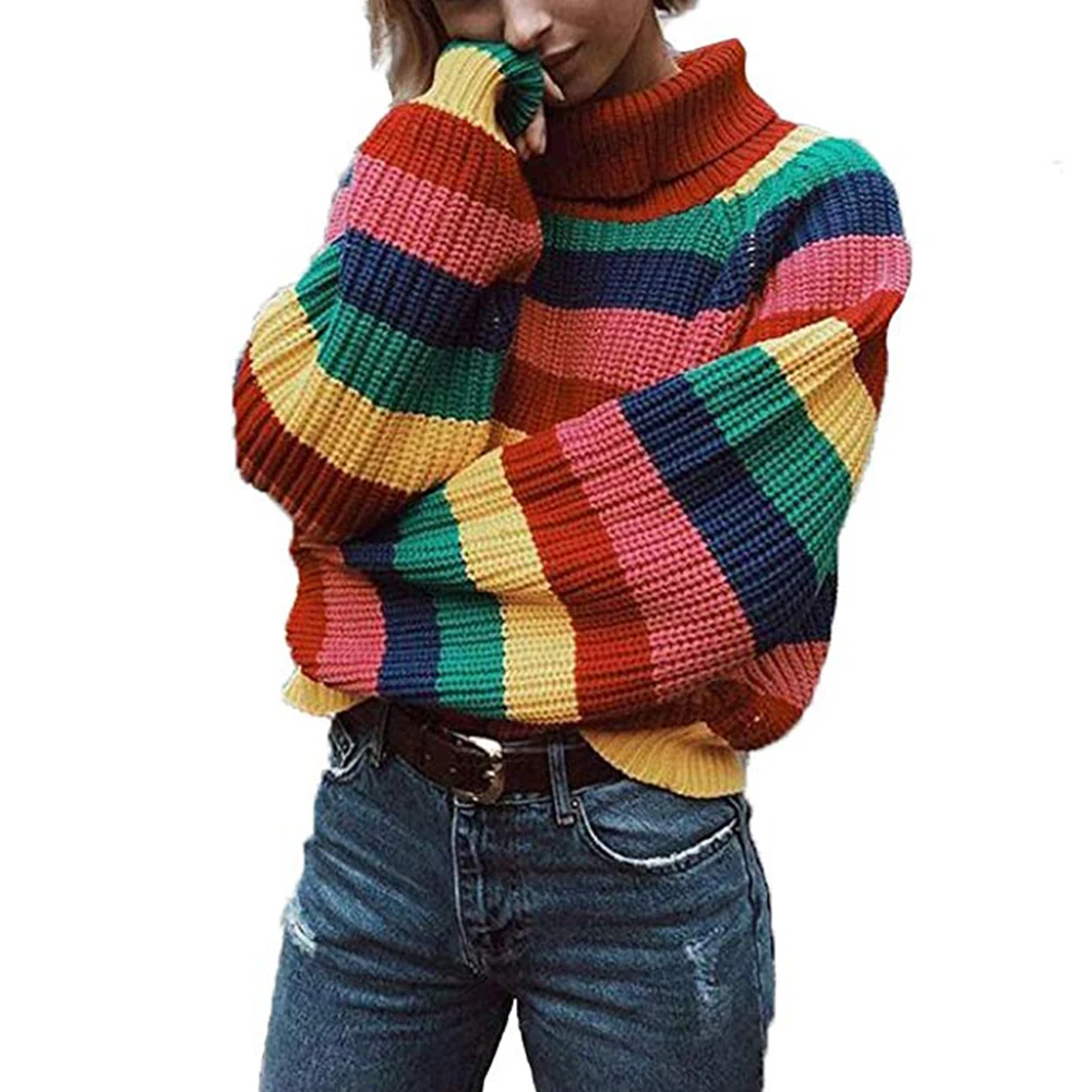 

Comfortable Autumn Soft Long Sleeves Rainbow Striped Loose Spring Charming Pullover Turtleneck Winter Party Casual Women Sweater