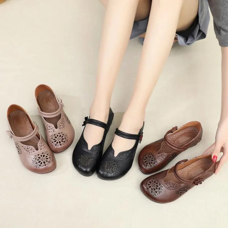 2021 New Genuine Leather Summer Shoes Woman Flats Hollow Breathable Casual Flat Shoes Comfortable Women Shoes Sandal