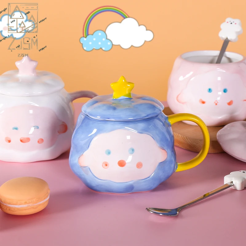 

450ml Kawaii Cloud Breakfast Mug With Lid Spoon Creative Personality Home Travel Mug Teacup Cute Ceramic Mugs Coffee Cup Gift