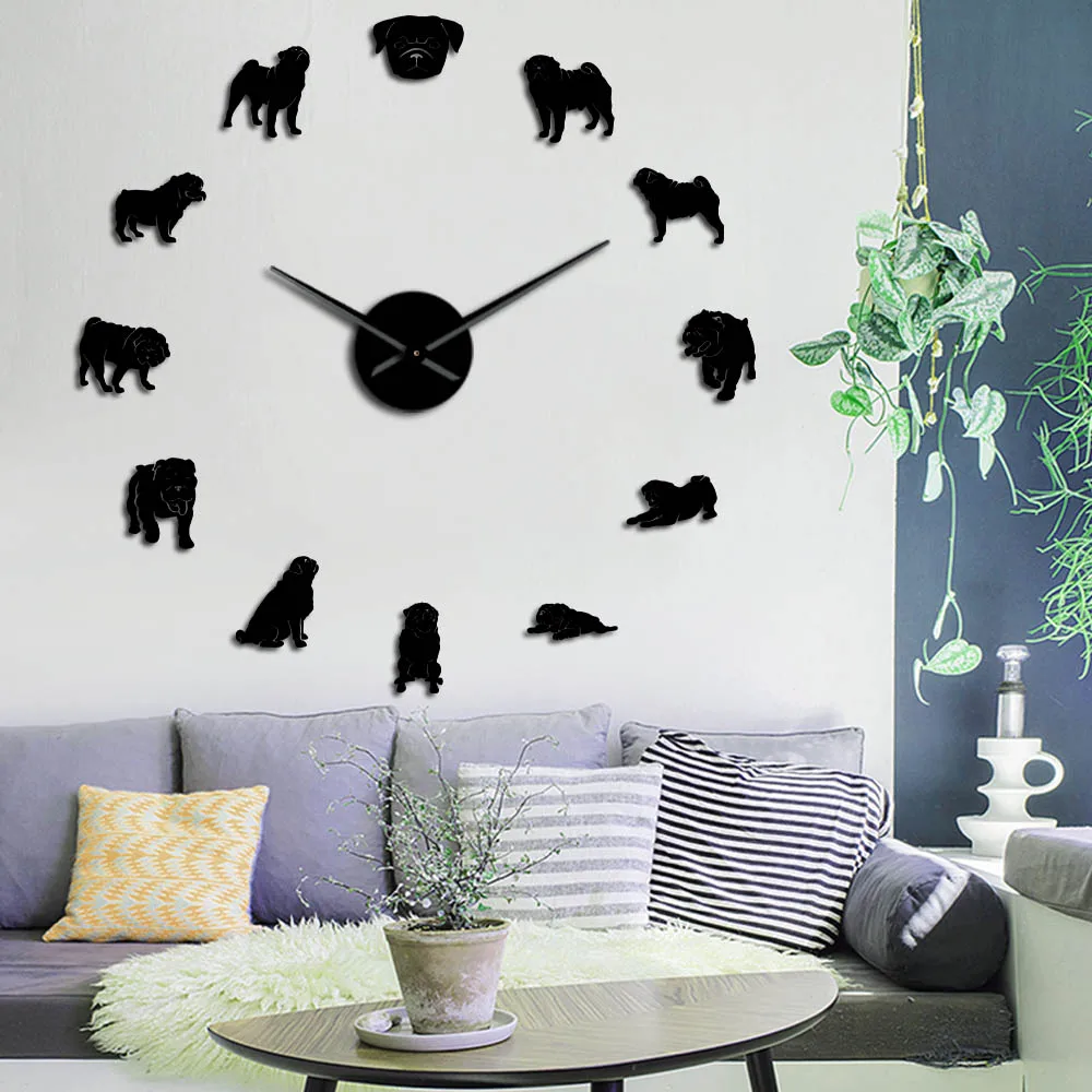 

Pug Dog 3D Animals DIY Giant Wall Clock Dog Mirror Effect Wall Art Pet Shop Decor Personalized Silent Clock Watch
