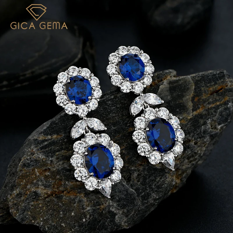 

GICA GEMA 925 Sterling Silver Drop Earrings For Women Sparkling Full High Carbon Sapphire Flowers Wedding Party Fine Jewelry