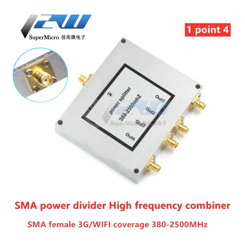 

Сплиттер мощности SMA, одноточечный, четырёхточечный, 380-2500 МГц, высокочастотный, с четырьмя источниками питания, с покрытием 3G/WIFI