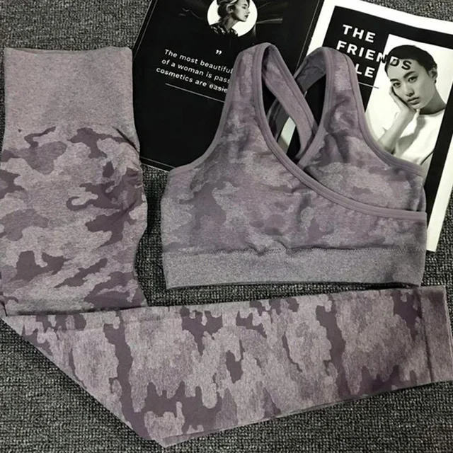 Purple Set SALSPOR Camo Seamless Yoga Set Women Shark Fitness Clothing Camo Leggings+ High Impact Sport Bra 2 Pcs Gym Sportswear Tracksuit - Цвет: Purple Set