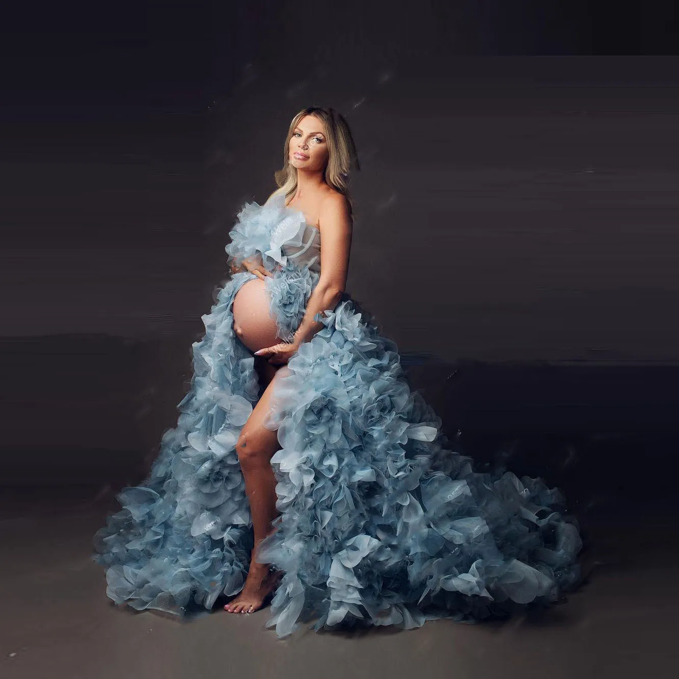

Photo Shoot Maternity Evening Dresses Ice Blue Ruffle Long Off Shoulder Formal Evening Gown For Pregnant Women Front Open