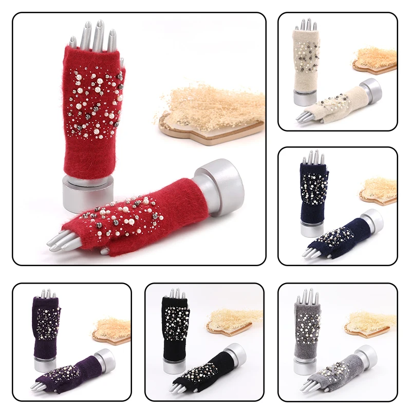 

Женские плюшевые перчатки на полпальца, мягкие теплые перчатки с искусственным жемчугом, зимние уличные модные аксессуары