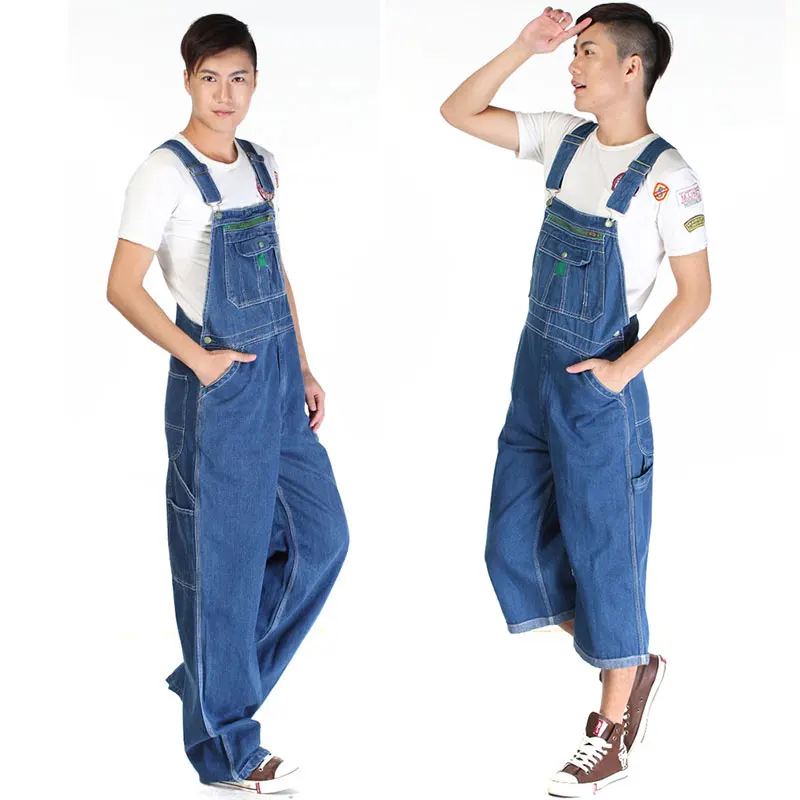 Мужской джинсовый комбинезон на бретельках синий с прямыми брюками большие
