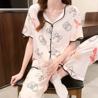 summer women pajamas set silk nightwear short sleeved satin sleepwear sleep clothing plus size bear prints oversize nighties su