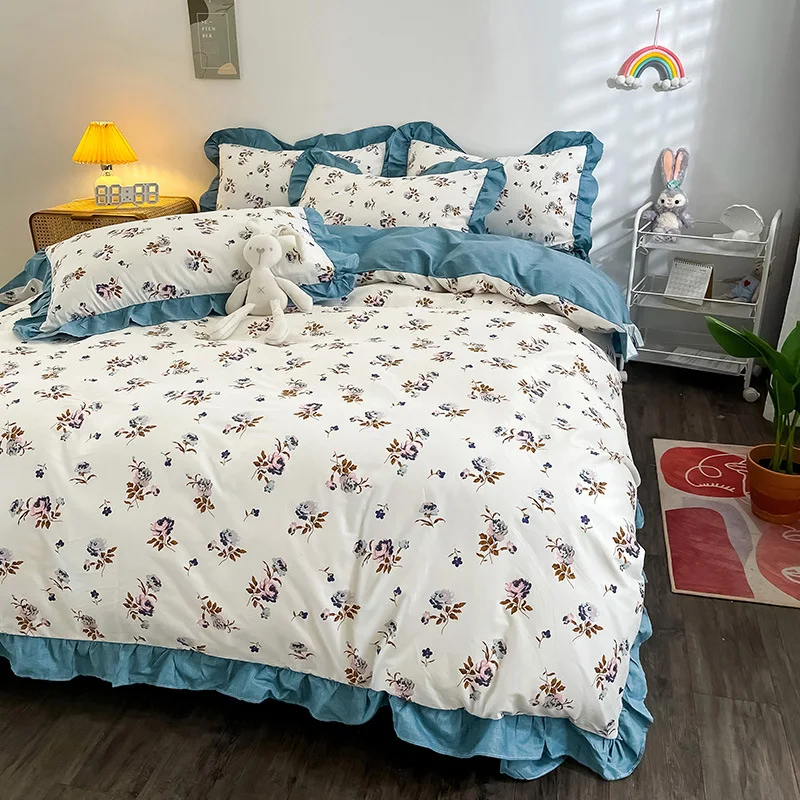 

пододеяльник постельное белье сатин хлопок Симпатичный кружевной комплект постельного белья с цветочным рисунком листьев лотоса, хлопков...