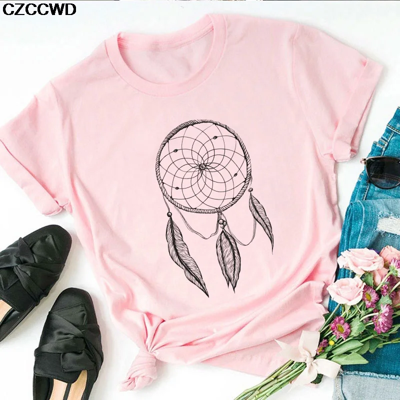 

2020 Women's T-shirt Short Sleeve Fantasy Feather Fashion Female Print T-shirt Female Harajuku Retro Funny Round Neck T-shirt