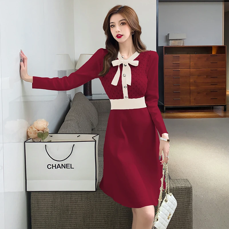 

High Quality Fall Winter Runway Women's French Small Fragrant Patchwork Sweet Knitted Sweater Slim Bow Tie Dress Vestidos