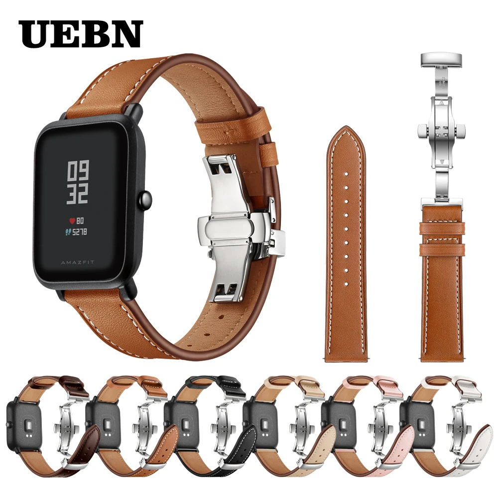 Ремешок UEBN для Xiaomi huami amazfit bip GTS GTR 42 мм кожаный браслет с серебристой застежкой