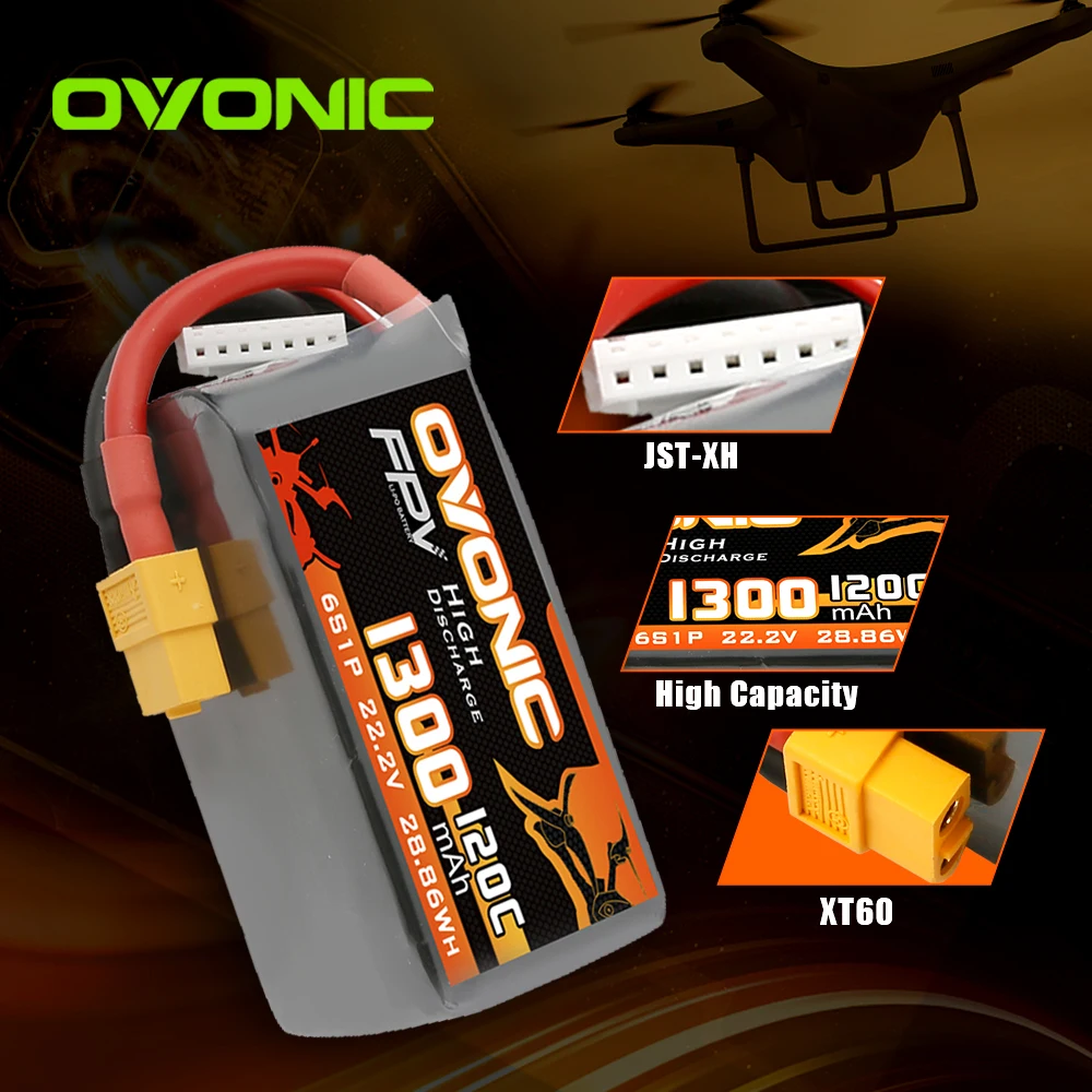 

Ovonic 120C 6S 1300mAh 22.2V LiPo Battery Pack with XT60 Plug For FPV Racing