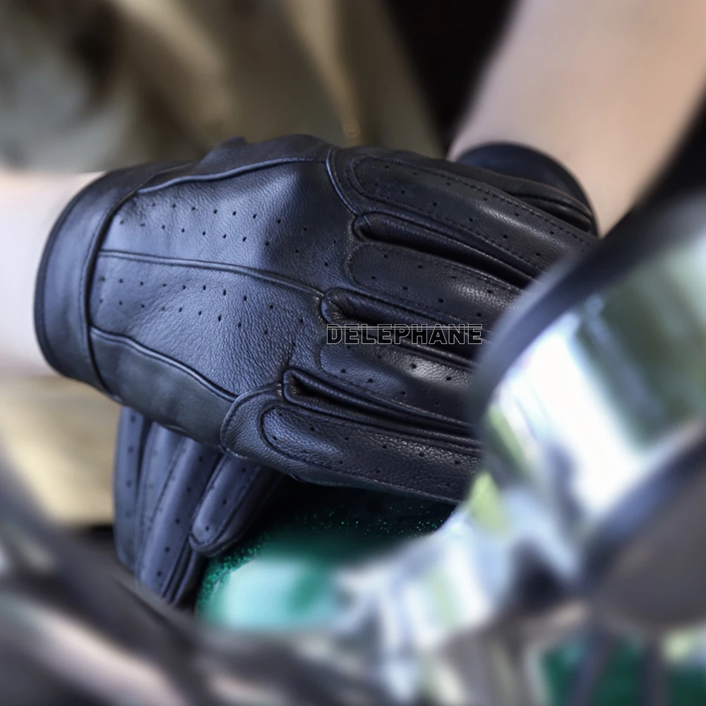 

2020 Fashion Full Finger Black Leather Gloves Men Breathable Summer Durable Non-Slip Driving Gloves Full Finger Goth Hand Gloves