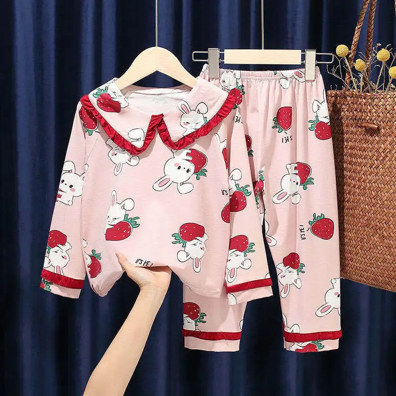 

Kids Girls Autumn Pajamas Children Sleepwear Baby Pajamas Sets Fruit Cartoon Print Salior Collar Ruffles Cotton Nightwear Clothe
