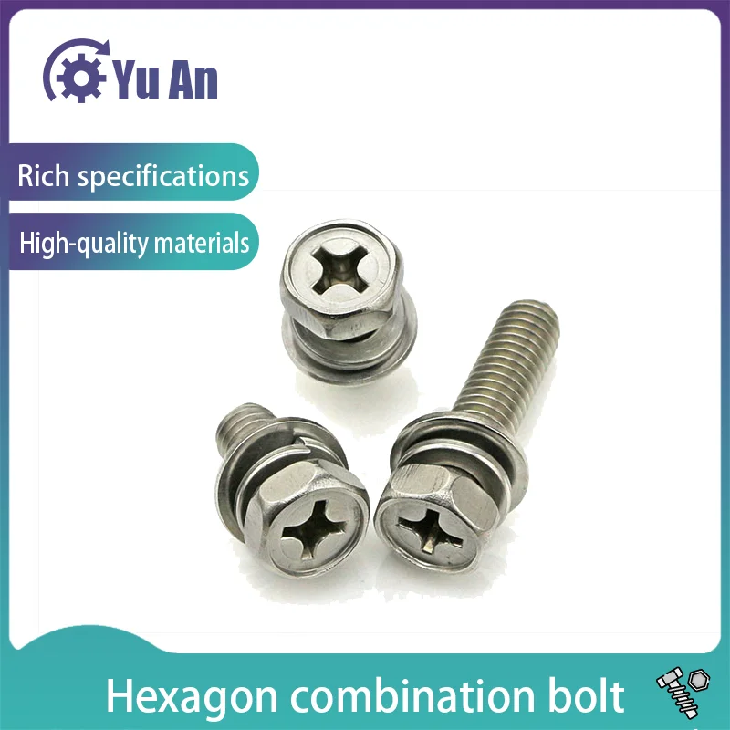 

304 Stainless Steel Cross External Hexagon Three Combination Screw Concave External Hexagon Combination Bolt M3 M4 M5 50PCS