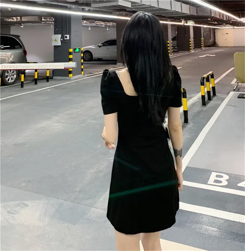 Dress 2020 new summer waist slimming square collar French front zipper sexy black dress short sleeve dresses for women | Женская одежда