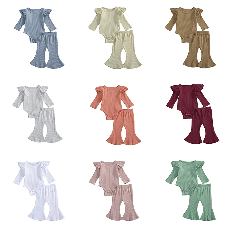 

lioraitiin 0-24M Baby Girls Clothing Sets Ruffles Long Sleeve Rompers Tops+Flare Pants Casual Ribbed Knitted Outfits 10 Colors