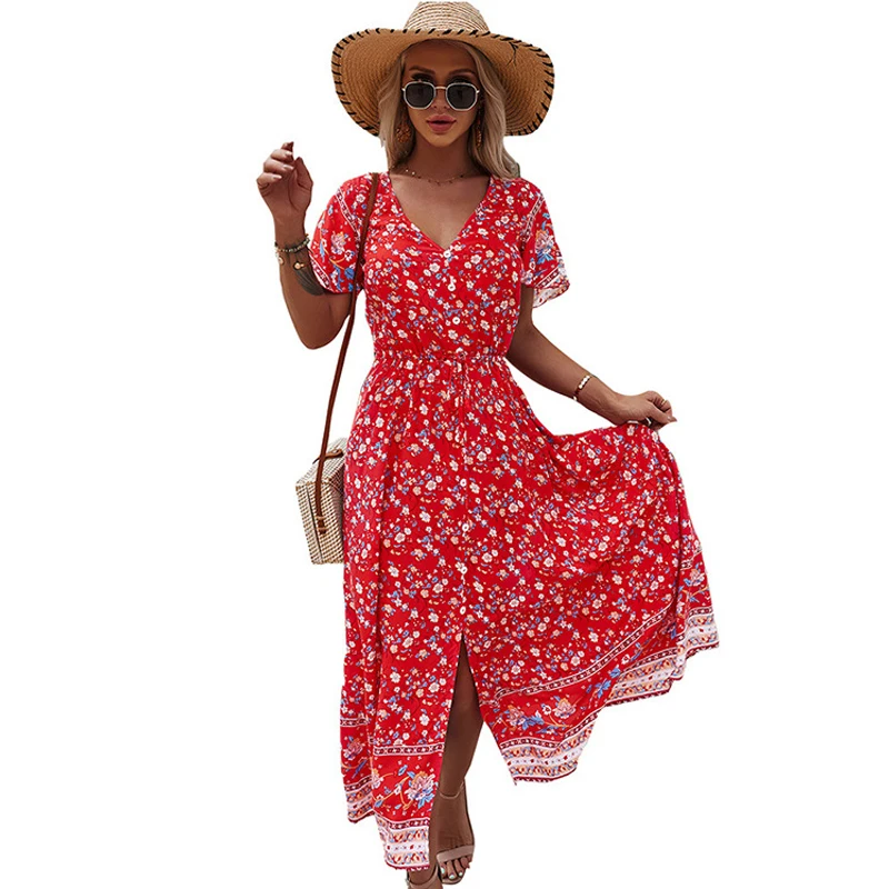 

2021 Summer V Neck Short Sleeve Boho Mixi Dresses Casual Fashion Plus Size Flora Vintage Dress Vestidos De Fiesta Women Clothes