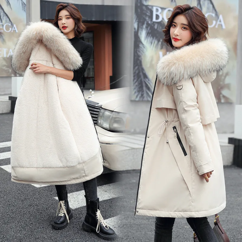 

Fashionable Solid Warm Thick Fleece Hooded Winter Jacket Women New Mid-length Fleece Cotton Liner Parka Coat Female Slim Outwear