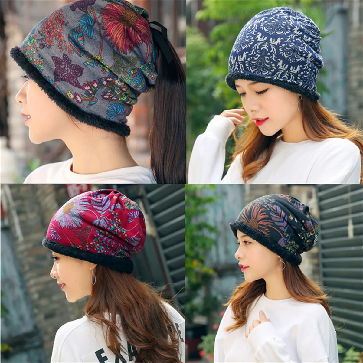 

Ethnic Cotton Beanie Hat Vintage Good Elastic Winter Warm Turban Scarf Cap Gifts