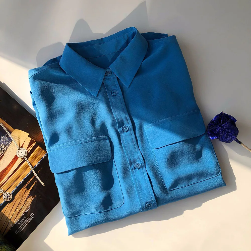 Высококачественная шелковая рубашка с длинным рукавом и отложным воротником