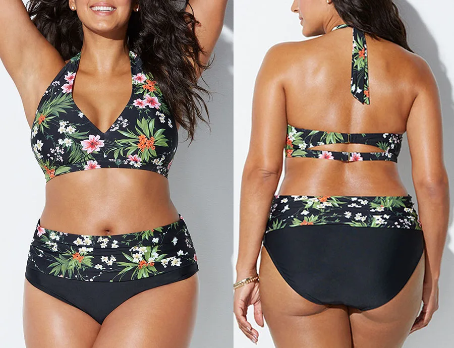 Женский купальник большого размера бикини с цветочным принтом и завышенной