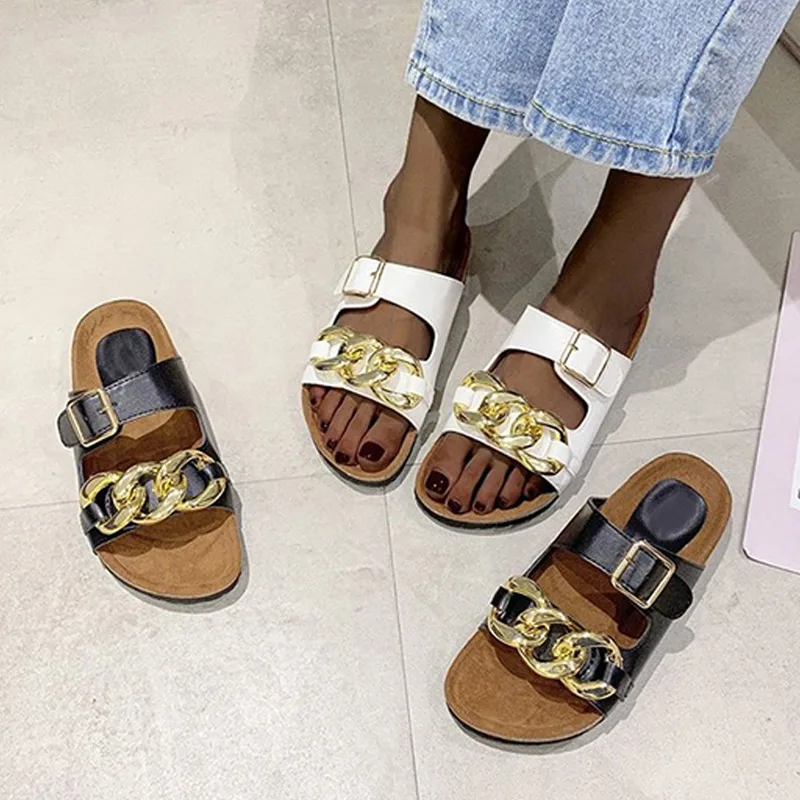 

Woman Flat Slipper Chain Decoration Non Slip Solid Female Sandals Casual Open Toe Fashion Roman Ladies Shoes 2021 New Summer
