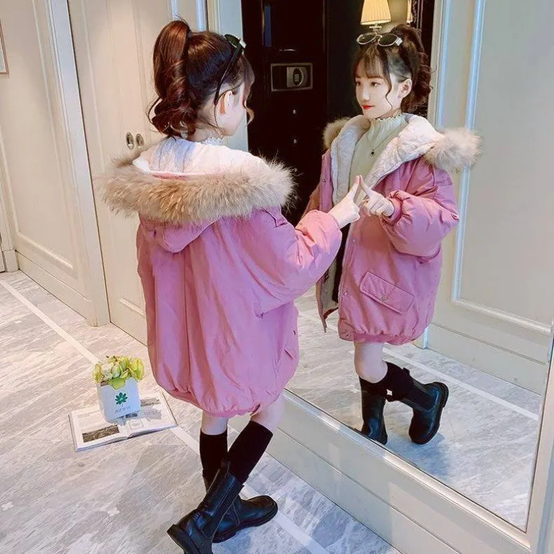 

New Spring Winter Girl Coat Jackets Warm Hooded Collar Fur Long Clothing Kids Teenage Children Tops Plus Cashmere Solid Color