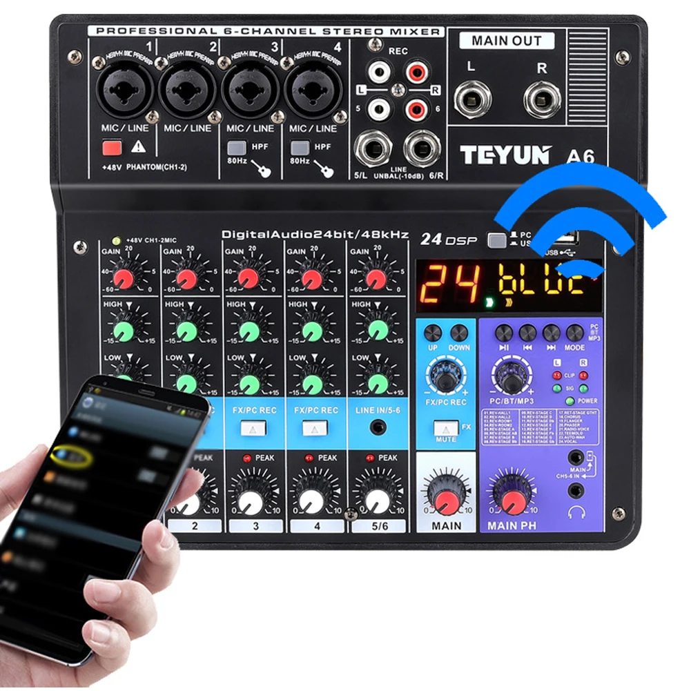 A6 6CH Protable Mini Mixer Audio Console with Sound Card USB Recording Singing Webcast Party Mixer