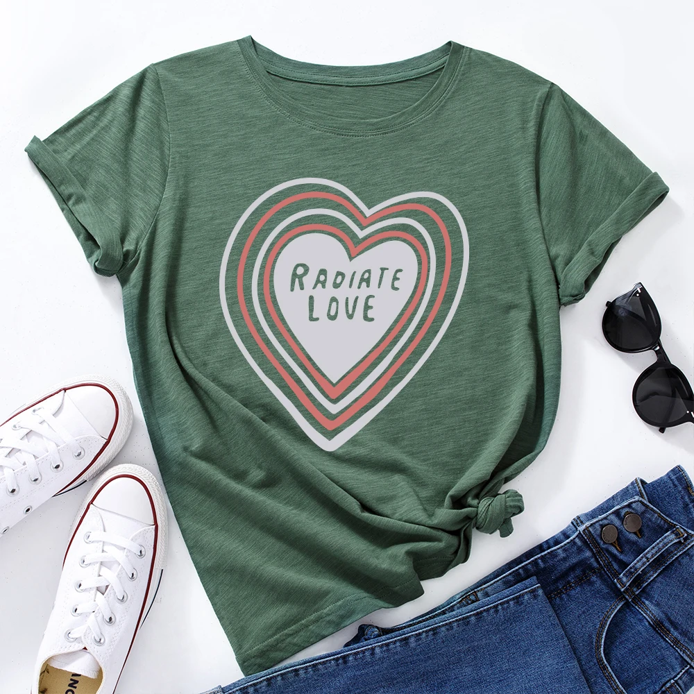 

Radiate Love Heart Women's Graphic Tees 100% Cotton Short Sleeve Crew Neck Loose T Shirt Tops Female Summer Casual Clothes