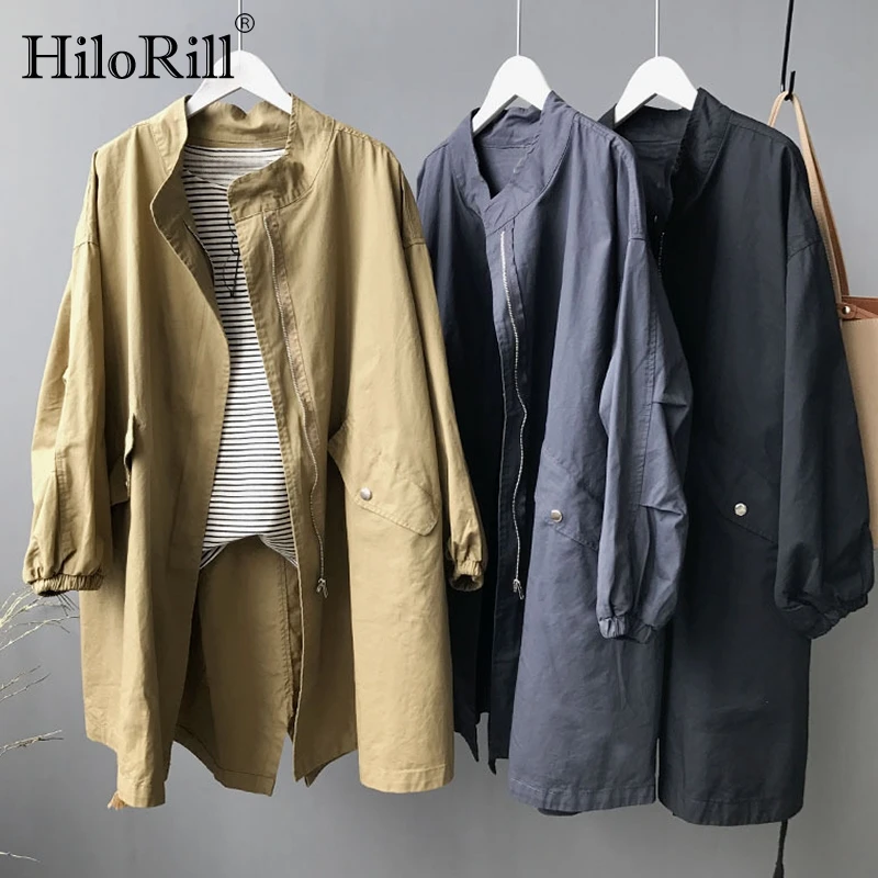 

HiloRill Casual Solid Trench Coat Women Loose Batwing Long Sleeve Windbreaker Zipper Up Oversize Korean Trench Abrigo Mujer