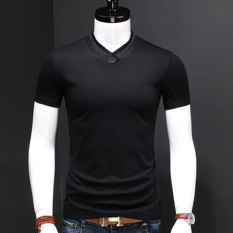 

Fashion Clothing Embroidery 2021 Rhinestones T-shirt Men White V-neck Short Sleeve T Shirt Oversized Mercerized Cotton T-shirts