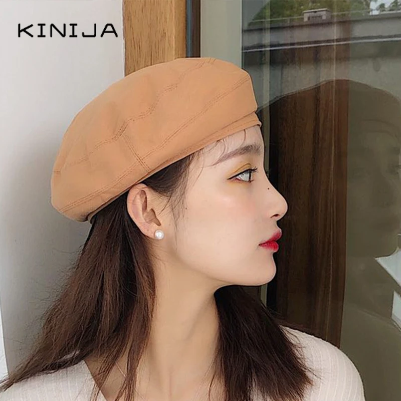Осенний берет шапки Женская хлопковая однотонная Модная ретро тонкая Кепка