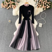 chic polk dot mesh lace patchwork dresses women new hit color slim waist pleated dress elegant all match knitted sweater vestido