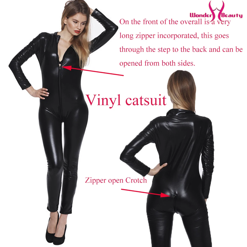 Черный Винил Комбинезон Wetlook Catsuit PU искусственная кожа Комбинезон для женщины zentai латексный комбинезон на молнии до промежности полюсный танцевальный костюм