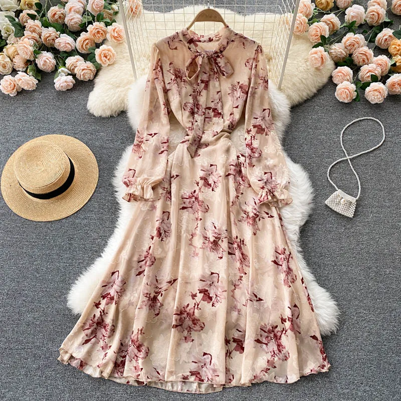 

Vintage Women Bow Collar Bandage Long Dress Autumn Puff Sleeve Floral Vestidos Elegant Black/White/Beige Maxi Vestidos Plus Size