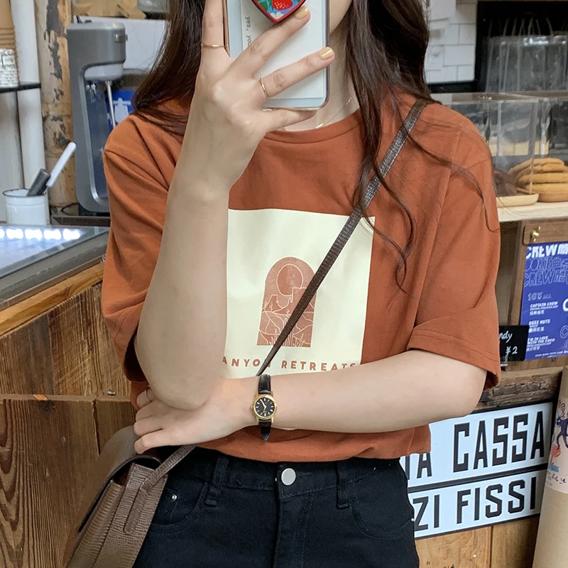 

2021 Summer Women T-Shirt Ladies Korean All-Match Orange Letter Printing Loose Casual Round Neck Short-Sleeved Pullover
