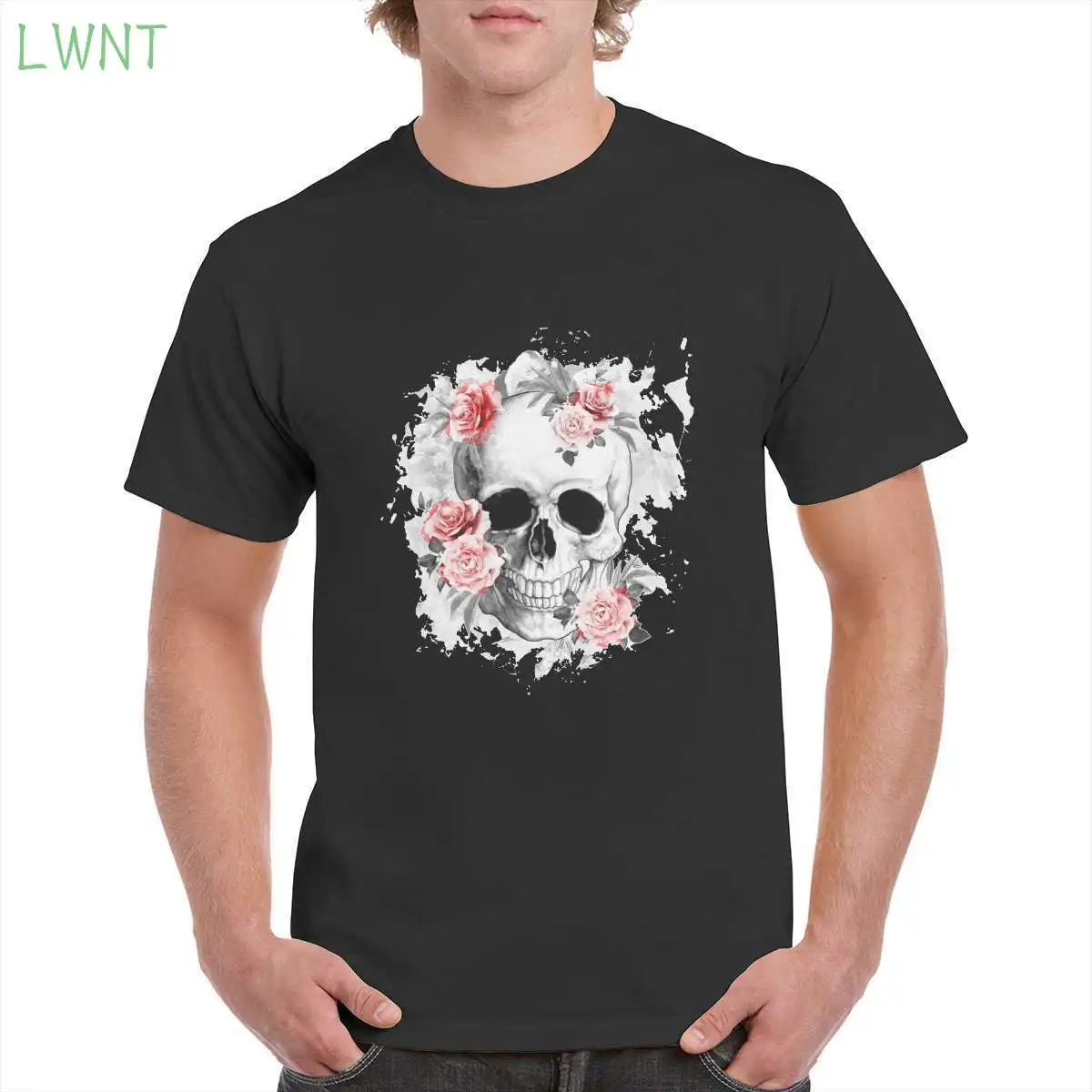 

Skull Human Anatomy Floral Print Tshirt Unisex 100% Cotton Black Red Watercolor Roses T Shirt Top Oversized Male/Female T-Shirts