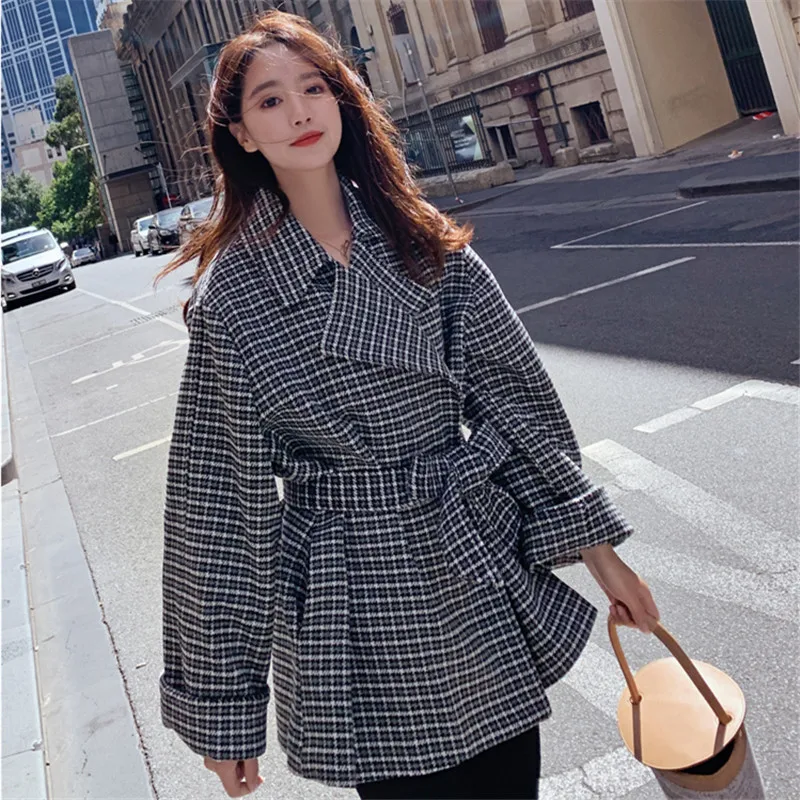 

Women Fashion Loose Casual Plaid Blazer Suit Coat Office Lady Elegant Korean Bandage Jacket Outerwear Spring Autumn Clothes