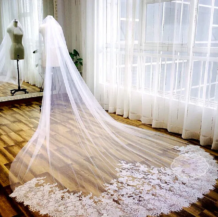 

SexeMara White Ivory Cathedral Length Wedding Veil With Comb One Layer Soft Netting White Ivory Bridal Veils 3.5Meters Long