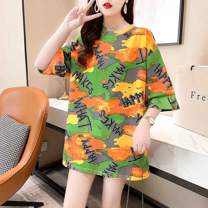 

QRWR T Shir Women 2021 Summer Casual O Neck Short Sleeve Women's Top Loose Fashion Print Straight Long Girls T Shirt M-XXL