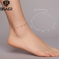 bisaer simple tassel anklets 925 sterling silver sparkling zircon chain anklets for women feet leg chain link jewelry ect018