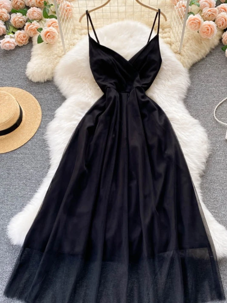 

YIZZHOY New Summer Sleeveless A Line V Neck Chiffon Pullover Women Dresses Casual Solid Slim Spaghetti Strap Lady Dress