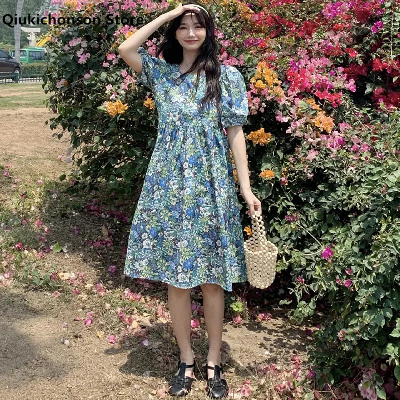 

Kawaii Short Puff Sleeve Summer Dresses Women Korean Fashion Pleated High Waist Back Lace-Up Floral Dress Teen Girls jurkjes